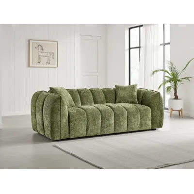 Olive Green Fabric Channel Tufted Design 3 Seater Sofa
