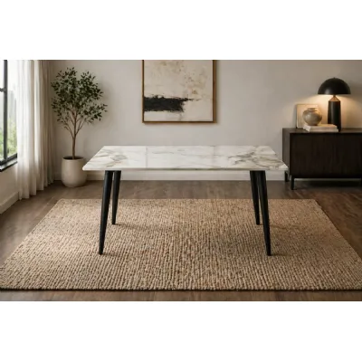 Modern 120cm Grey Marble Effect Ceramic Dining Table Black Legs