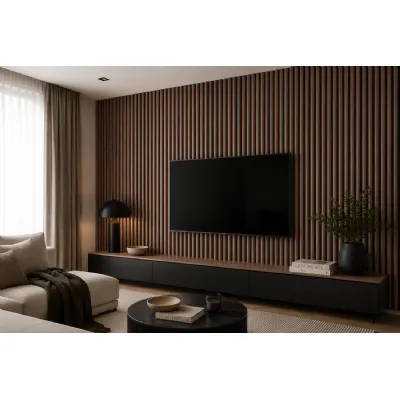 Set of 4 Modern Decorative Walnut Acoustic Slat Wall Panels 240cm
