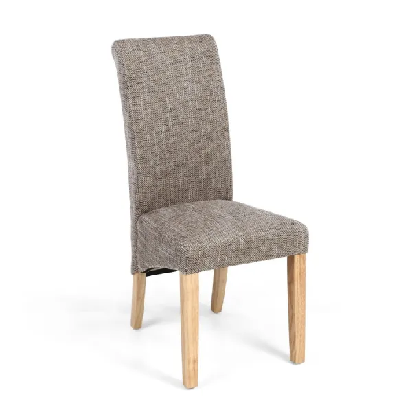 Oatmeal Fabric Scroll Back Dining Chair with Wooden Legs