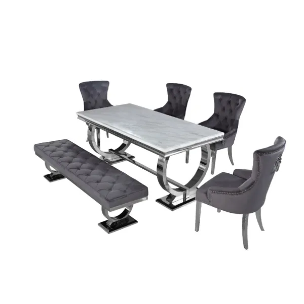 Modern White Marble Top Rectangular 6 to 8 Seater Dining Table with Steel Base