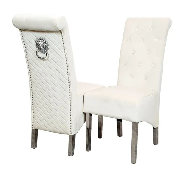 Modern Cream Velvet Upholstered Dining Chair with Chrome Lion Knocker