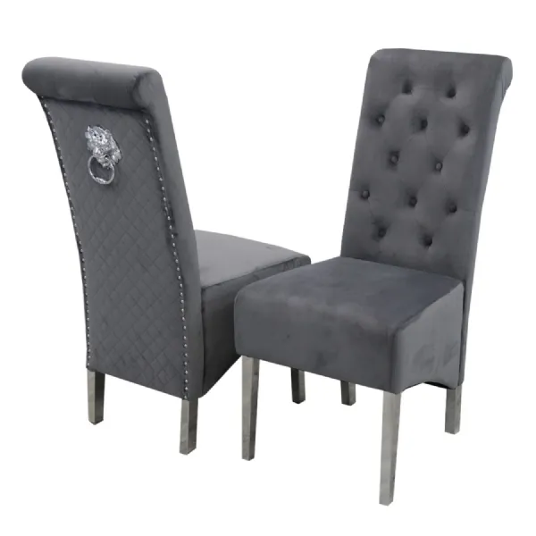 Modern Dark Grey Velvet Upholstered Dining Chair with Chrome Lion Knocker