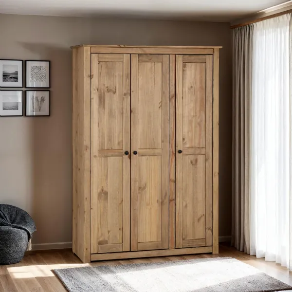 Natural Wax Wood 3 Door Large Triple Wardrobe