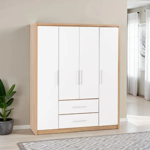 White Gloss and Light Oak Effect 4 Door 2 Drawer Wardrobe