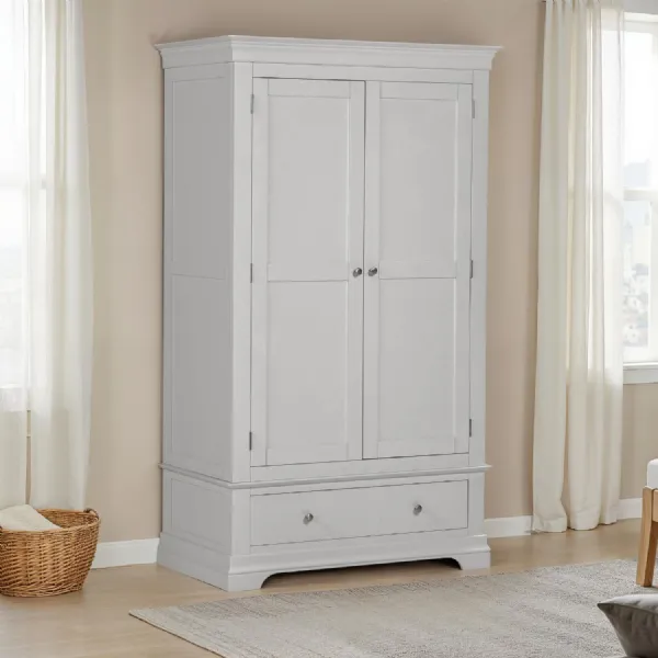 Pebble Grey Hardwood 2 Door Double Wardrobe with Drawer
