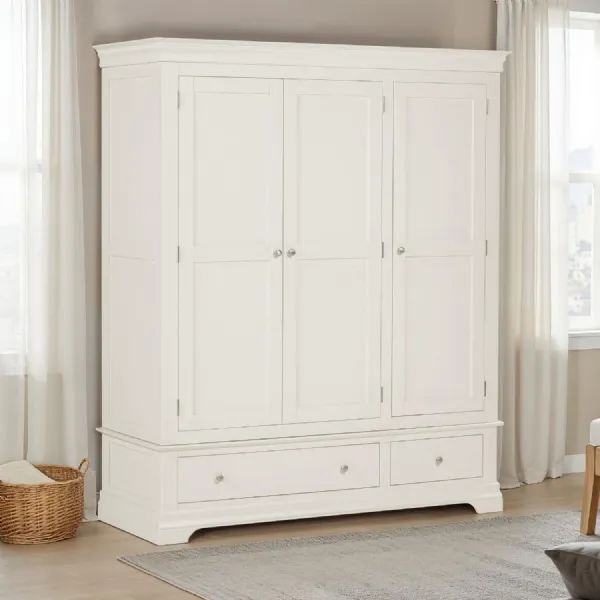 Ivory Wood 3 Door 2 Drawer Triple Wardrobe