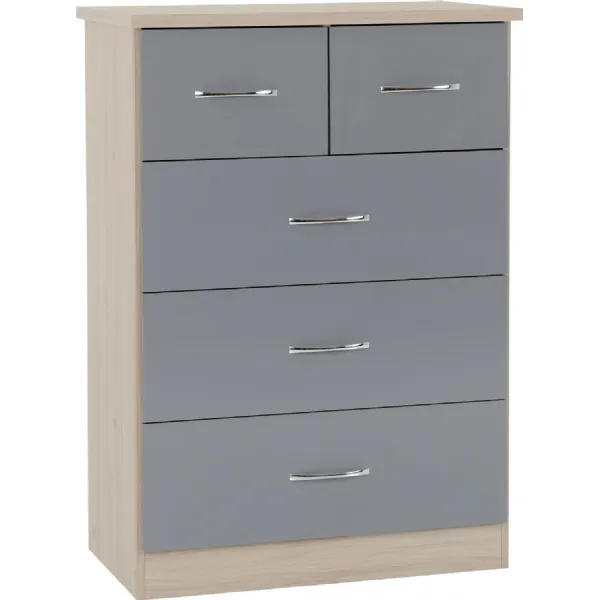 Nevada 3+2 Drawer Chest Grey Gloss Light Oak Effect Veneer