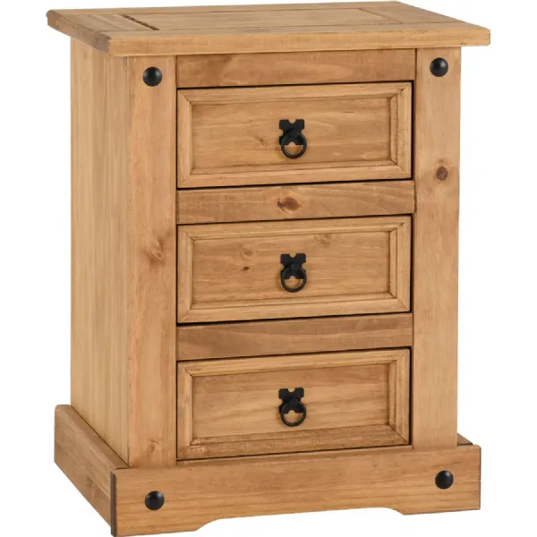 Corona 3 Drawer Bedside Chest Distressed Waxed Pine