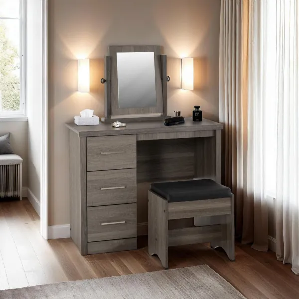 Lisbon 3 Piece Dressing Table Set with Mirror Black Wood Grain Black Faux Leather