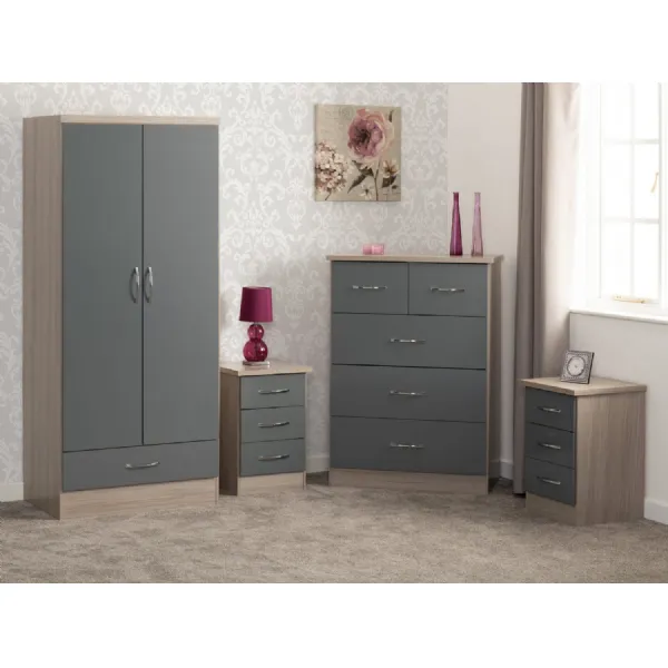 Grey Gloss 2 Door 1 Drawer Wardrobe Bedroom Set Oak Top