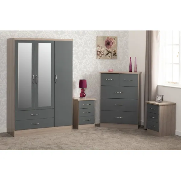 Grey Gloss Oak 3 Door Triple 2 Drawer Mirrored Wardrobe Set