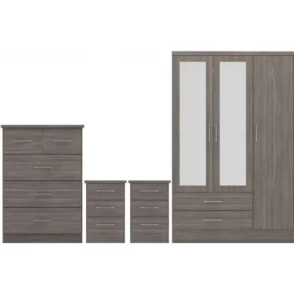Black Wood 3 Door 2 Drawer Triple Mirrored Wardrobe Set