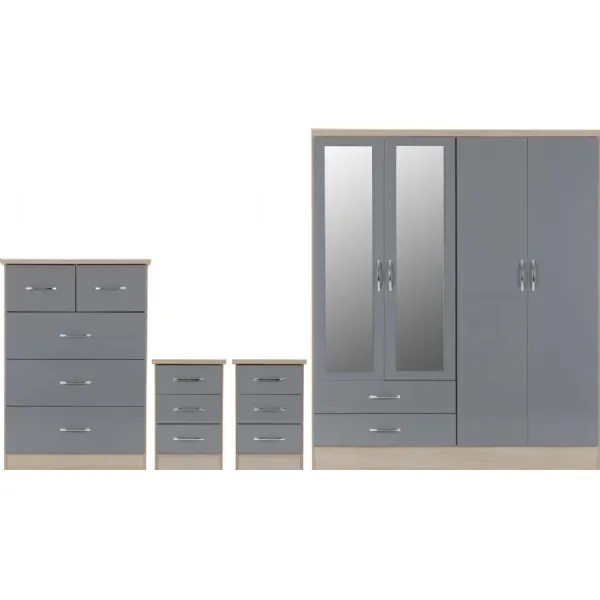 Nevada 4 Door 2 Drawer Mirrored Wardrobe Bedroom Set Grey Gloss Light Oak Effect Veneer