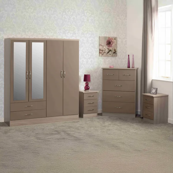 Oyster Gloss Oak Effect 4 Door 2 Drawer Wardrobe Bedroom Set