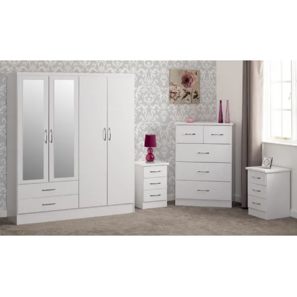 White Gloss Large 4 Door 2 Drawer Mirrored Wardrobe Set