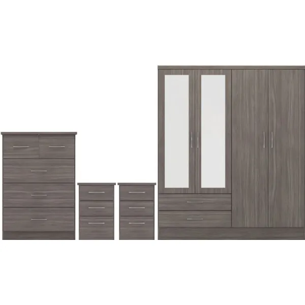 Black Wood Large 4 Door 2 Drawer Mirrored Wardrobe Set