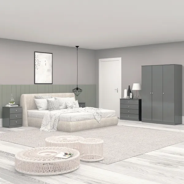 Grey Gloss Wood 3 Door Triple Wardrobe Bedroom Set