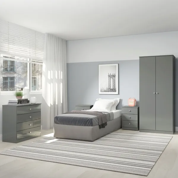 Grey Gloss Wood 2 Door Double Wardrobe Bedroom Set