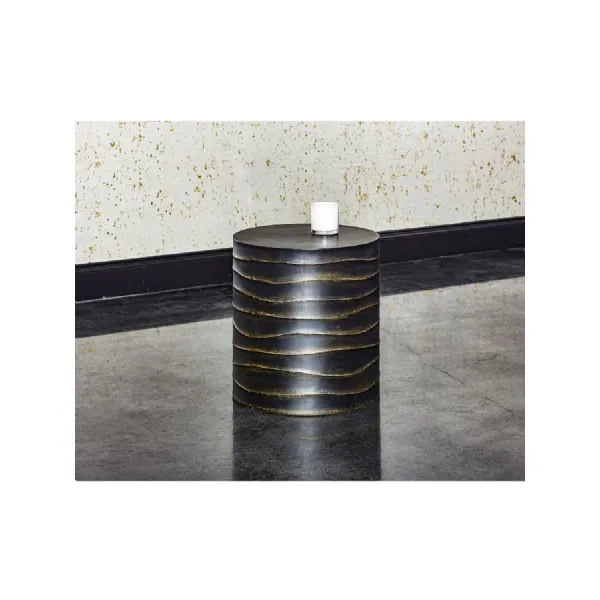 Black Concrete Sculpted Ridges Round End Side Table