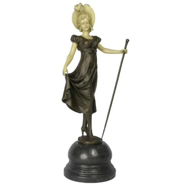 Lady Holding Stick Bronze Sculpture on Marble Base 40cm