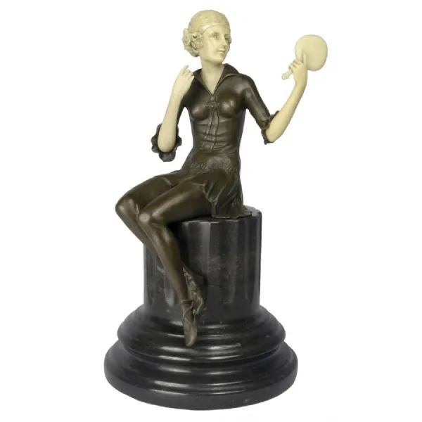 Foundry Cast Bronze Sculpture Marble Base Lady with Mirror