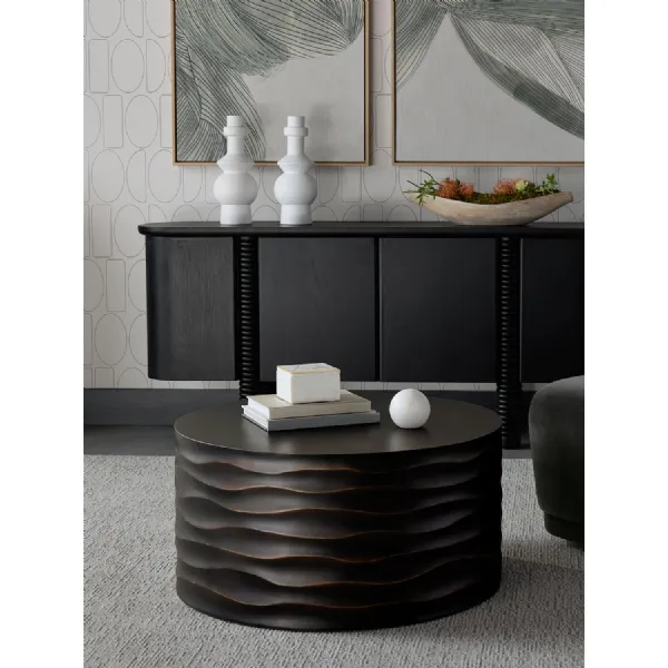 Black Concrete Large Sculpted Ridges Round Coffee Table