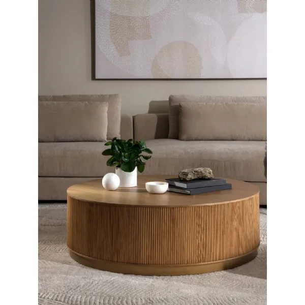 Rustic Oak Effect Round Gold Base Coffee Table 112cm
