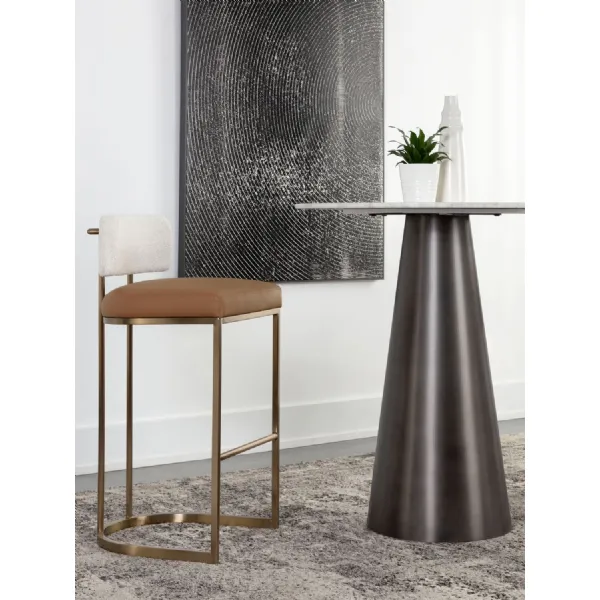 Barley Fabric and Brown Leather Effect Barstool Brass Framed