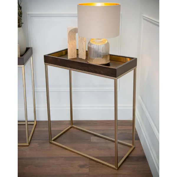 Chocolate Wood Small Console Table with Champagne Base
