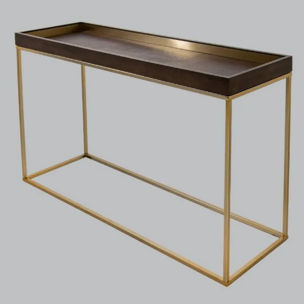 Chocolate Wood Top Console Table Champagne Metal Frame