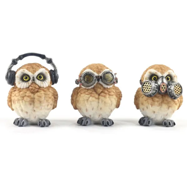 Set Of 3 Steampunk Owls Hear Speak, & See No Evil 8.5cm