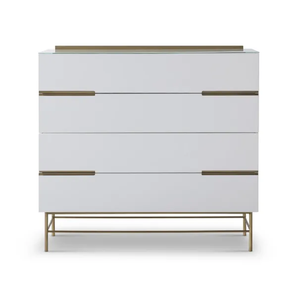 Alberto Four Drawer Wide Chest White And Brass