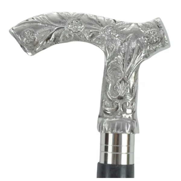Nickel Finish Engraved Flower Swagger Cane Walking Stick 95cm