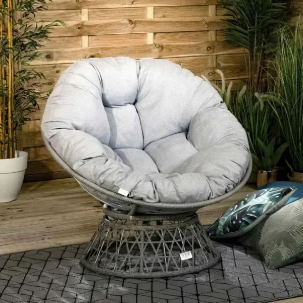 Grey Outdoor Garden Rattan Swivel Chair with Cushions