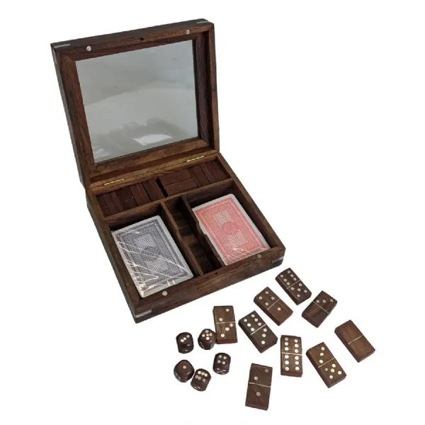 Multi Game Set Domino, Dice and Double Card Box Sheesham Wood 17cm