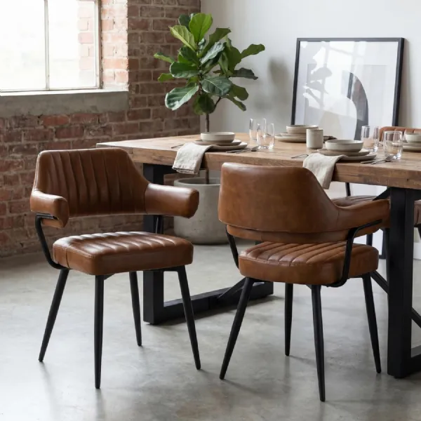Mid Century Tan Leather Effect Fabric Dining Chair