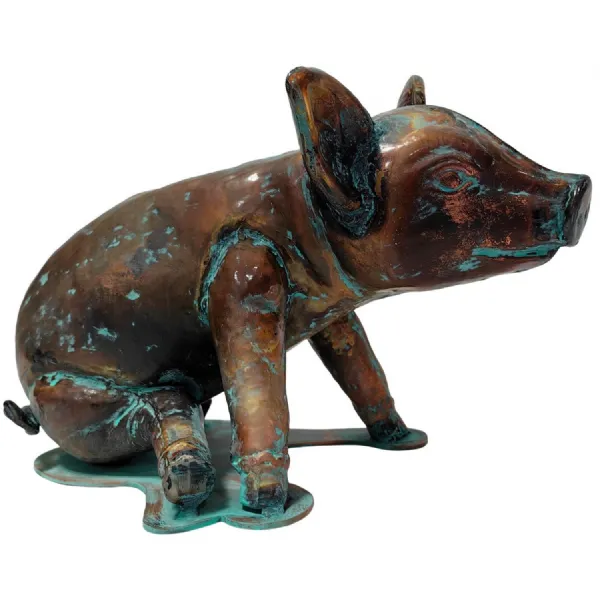 48cm Aged Copper Verdigris Finish 3D Sitting Pig Statue On Heavy Metal Base