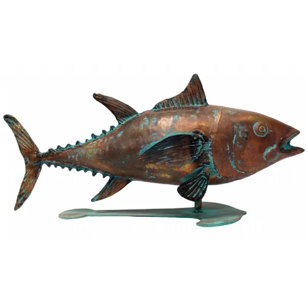 52cm Aged Copper Verdigris Finish Blue Tuna Fish Statue On Heavy Metal Base