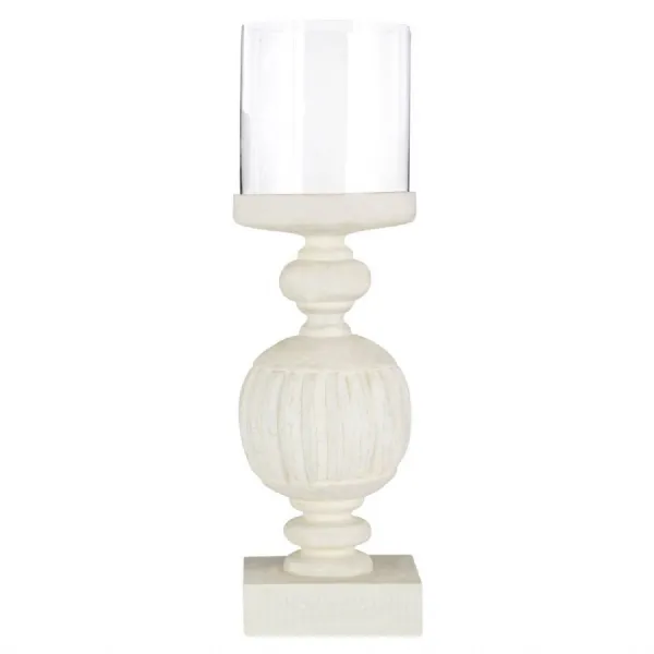 Mango Wood Whitewash Carved Candle Holder