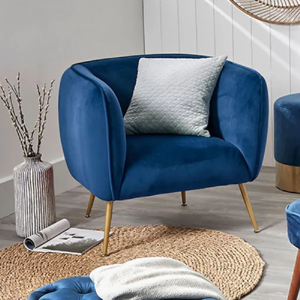 Sapphire Blue Velvet Curved Back Armchair Metal Legs