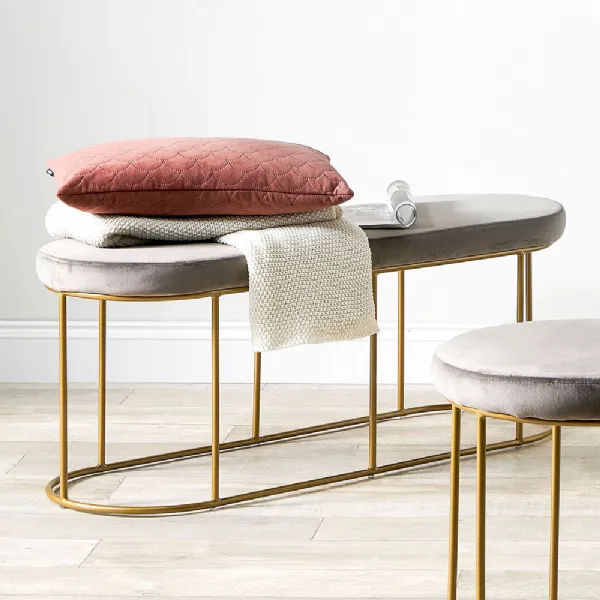 Large Oval Grey Velvet Bench Gold Metal Frame