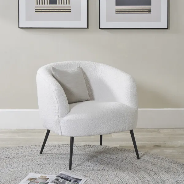 Retro Style White Boucle Upholstery Tub Chair Black Legs