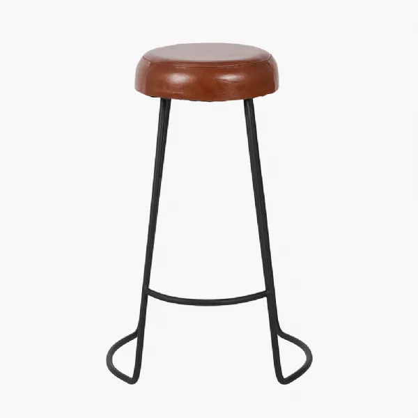 Cosimo Vintage Brown Leather and Black Metal Bar Stool