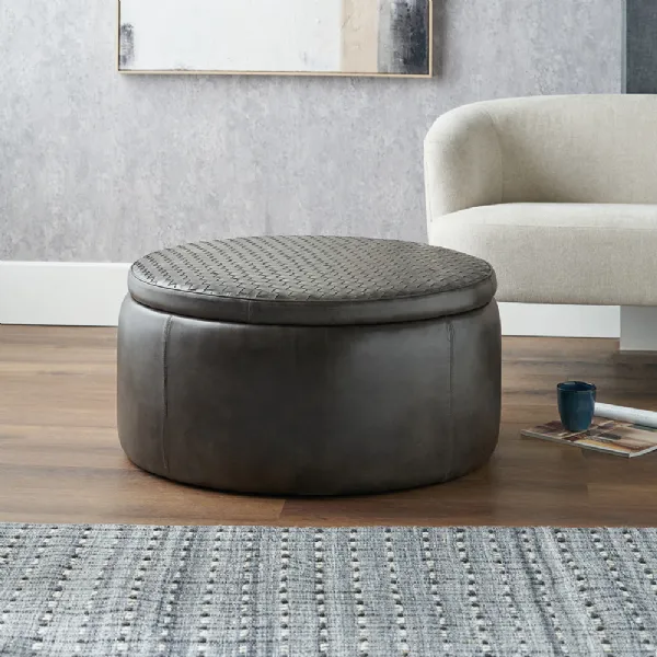 Peppercorn Handcrafted Leather Round Storage Pouffe