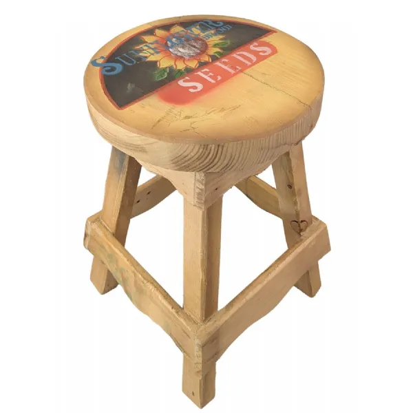 Large Rustic Wooden Stool Sunflower Design 42cm