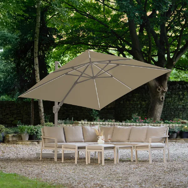 3m Square Sandstone Champagne Fabric LED Cantilever Parasol