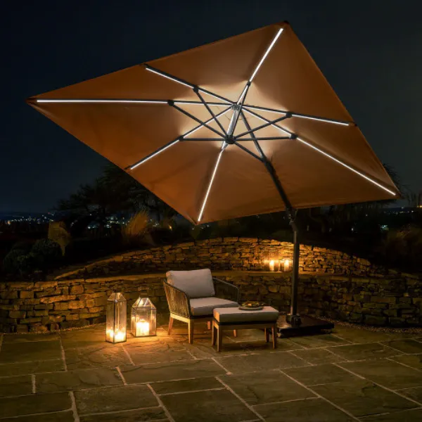 Taupe Fabric 3m Square Outdoor Cantilever Parasol with LED