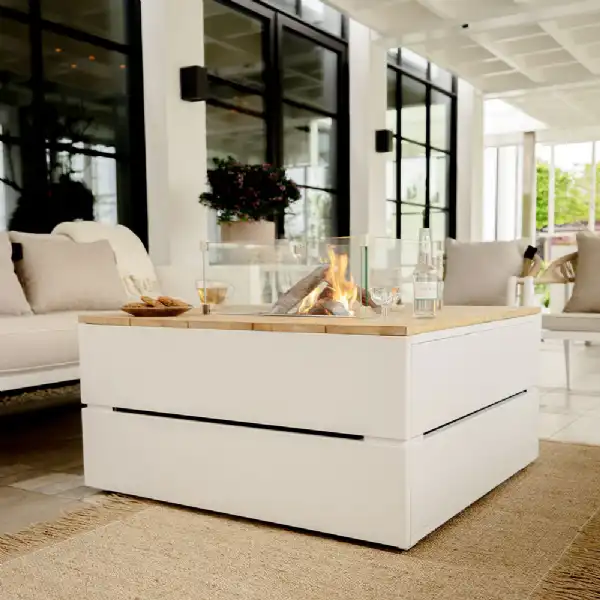 White Metal Garden Square Fire Pit Table with Wood Top