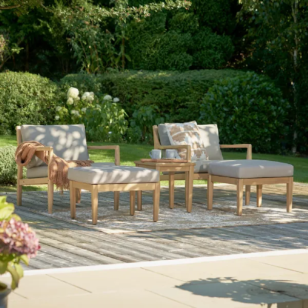 Acacia Wood Outdoor Hocker Set with Linen Taupe Cushions